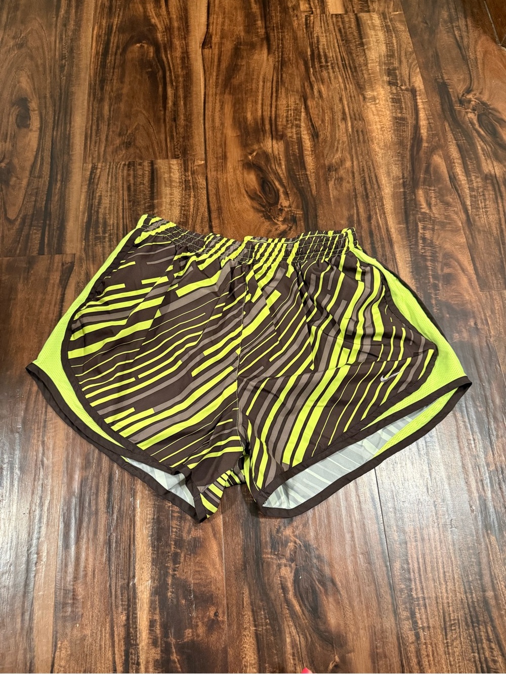 Nike Women’s Tempo Track Shorts - Neon Yellow/Brown Stripe - Size Large